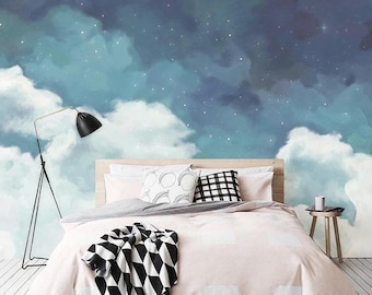 Fantastic starry sky fluffy cloud removable wallpaper,Peel n Stick blue night wall mural,Nursery decor wallpaper,Self adhesive n Tradtional