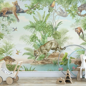 Topical jungle adventure wallpaper,Nursery jungle wall decor mural,Jungle wildlife playroom wall print,Kids jungle wallpaper mural decal