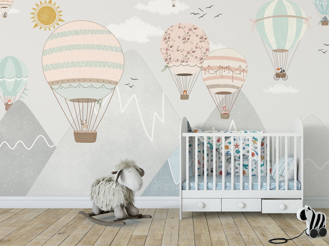 Nursery Soft Blue Gray Mountain Landscape and Little Hot Air Balloons Wall  Decal Sticker • Wallmur®