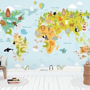 fantastic animal world map wallpaper nursery wall mural removable kids wall paper geography map wall decor self adhesive and Regular paper bild 2
