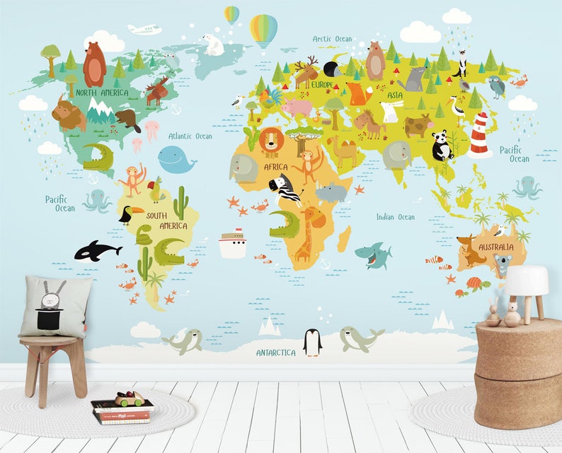 fantastic animal world map wallpaper nursery wall mural removable kids wall paper geography map wall decor self adhesive and Regular paper bild 2