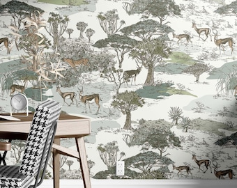 Sketched Safari wallpaper,Africa wildlife wallpaper mural,Removable and Unpasted wallpaper available,bedroom bathroom minimalistic decor