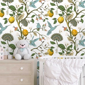 lemon tree wallpaper with blue hummingbird nursery decor Peel & Stick,removable fabric temporary wallpaper with hummingbirds pattern