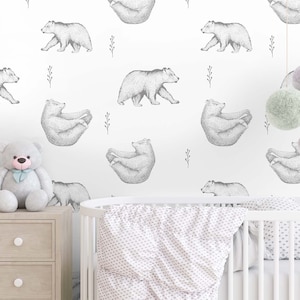 Woodland animal wallpaper Gray bear Peel and Stick nursery wall decor decal removable kids wallpaper design self adhesive,color customizable