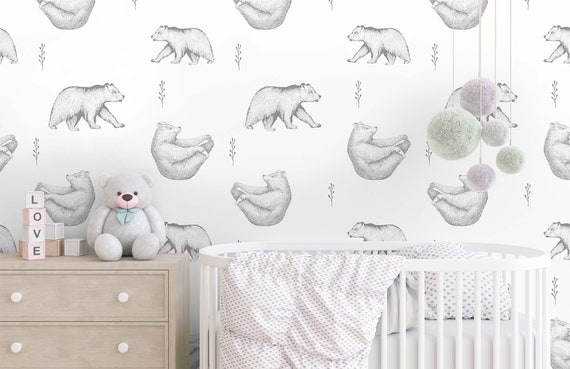 Gray Bear Woodland Wallpaper - Peel and Stick Nursery Decor