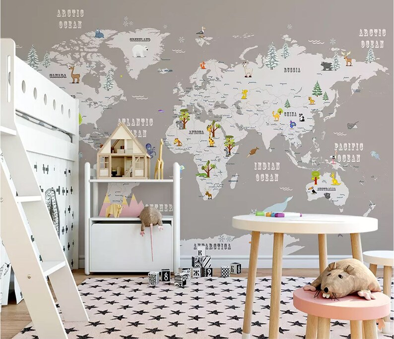 Safari animal world map wallpaper removable fabric nursery decor wallpaper kids wall paper mural gray background map wall print Peel /& Stick