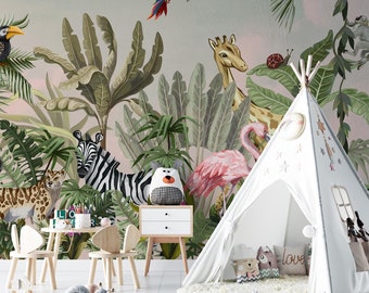 watercolor safari wallpaper,Peel and Stick jungle animals wallpaper,Removable kids playroom wallpaper,exotic wildlife Regular wallcovering
