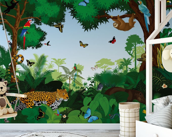 Tropical Jungle Nursery Wall Mural Forest Wild Life Kids Room Etsy