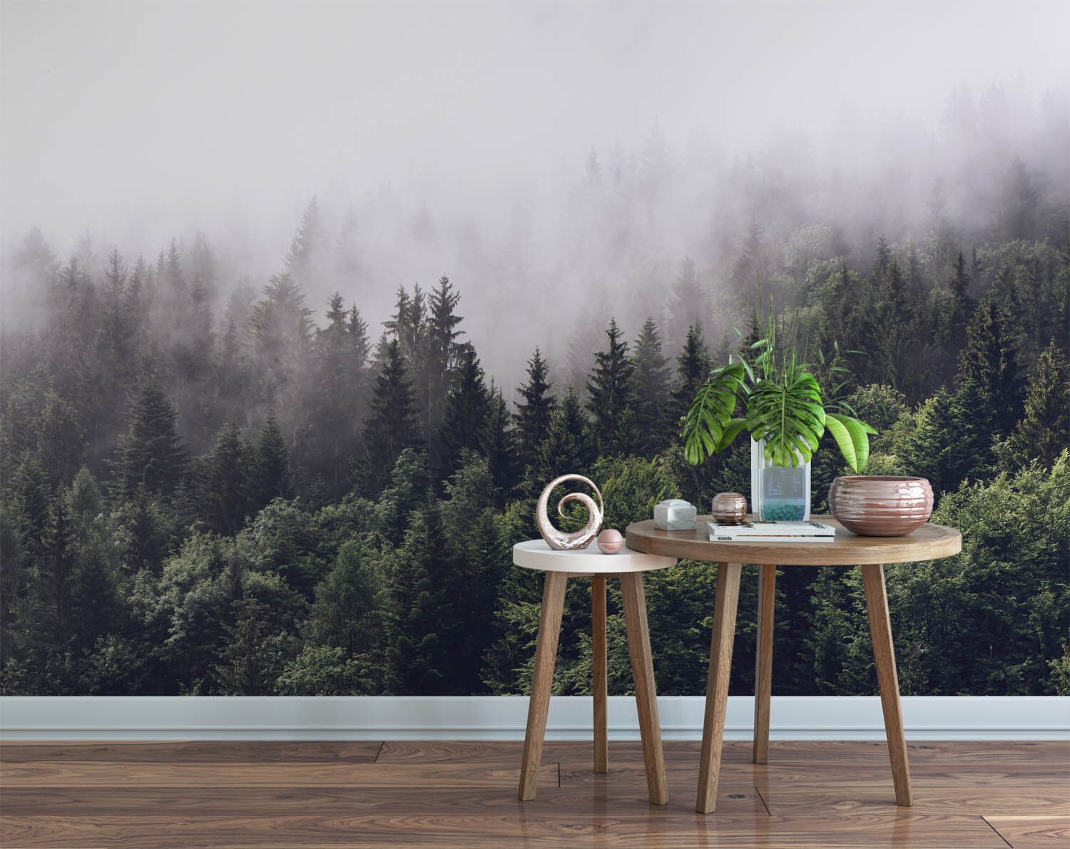 Foggy Forest Wall Mural Misty Gray Mountain Wallpaper Dark Green Trees ...