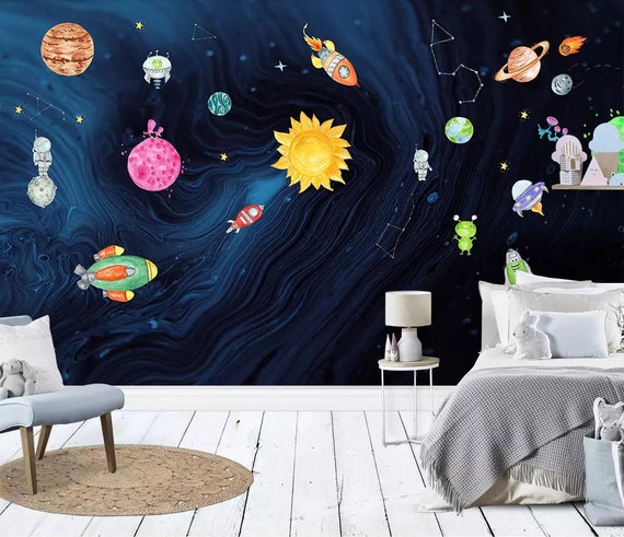 Watercolor Spaceship Kids Wallpaper Mural Peel And Stick Watercolor Space Planet Nursery Wall Decor Boys Wall Poster Playroom Wall Art