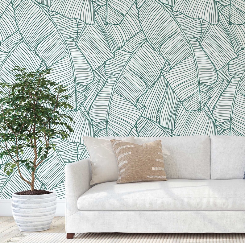 Sketch banana leaf wallpaper peel and stick wallpaper monochrome tropical leaf nursery decor mural removable custom color dimensions image 1