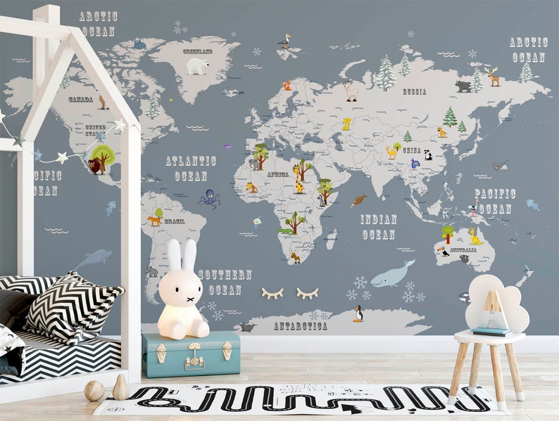 Safari animal world map wallpaper removable fabric nursery decor wallpaper kids wall paper mural gray background map wall print Peel /& Stick