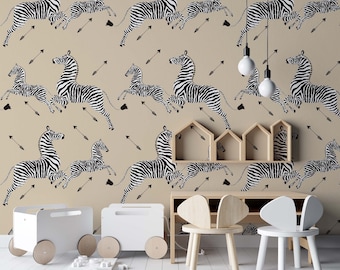 Leaping zebra wallpaper Peel and Stick nursery wallpaper monochrome zebra mom and baby kids playroom temporary wallpaper Multiple colors