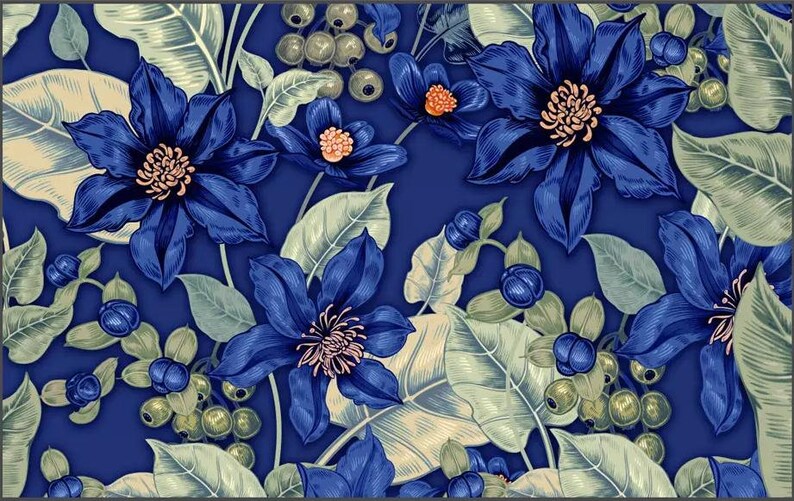 Blue floral wallpaper exotic flower wall paper dark botanic Etsy