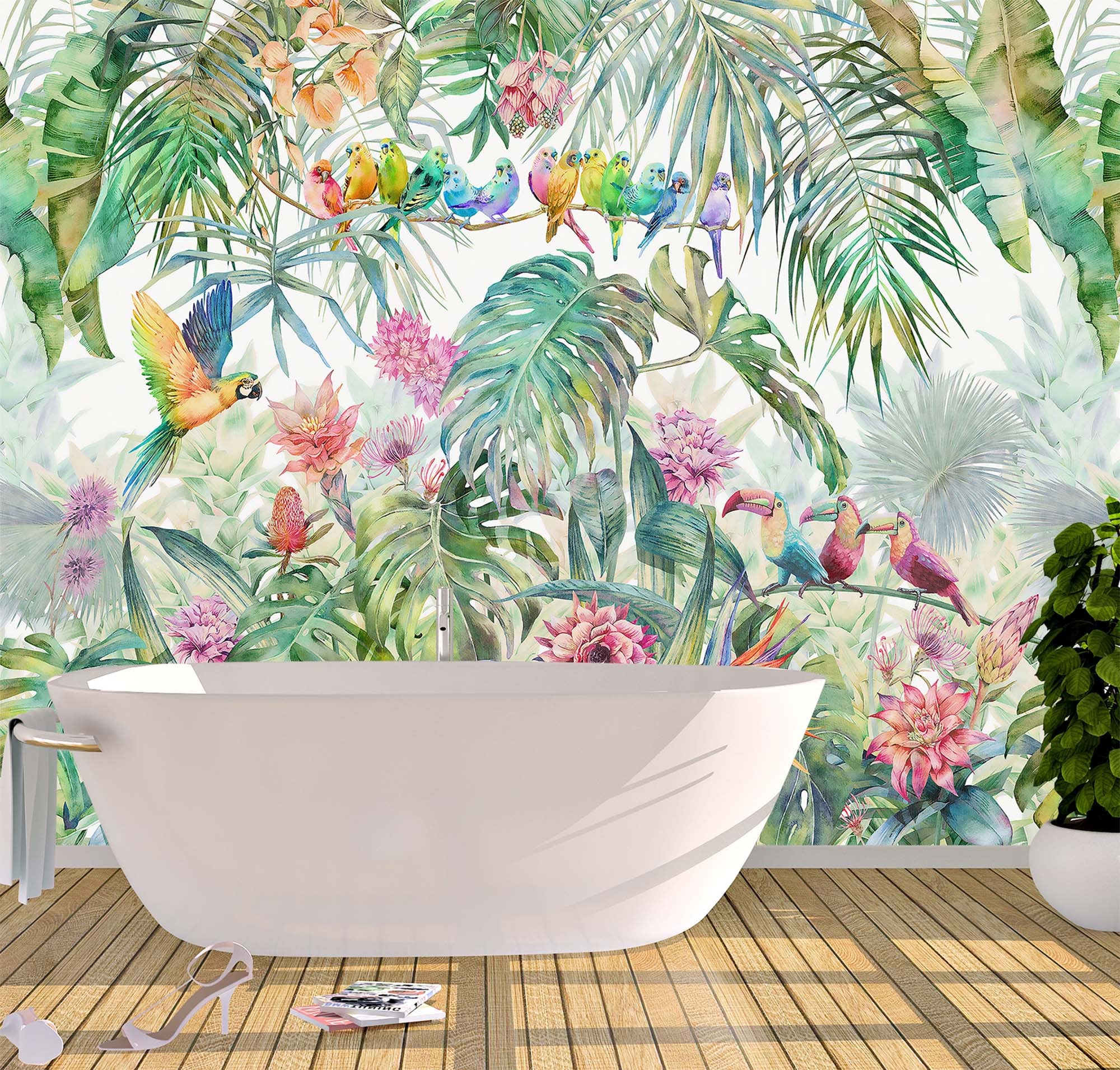 Watercolor Tropical Theme Wallpaper Removable Wall Mural Etsy
