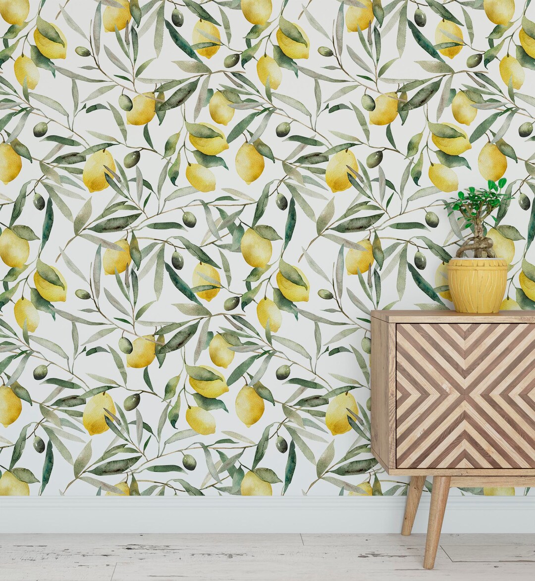Watercolor Lemons and Leaves Wallpaper Peel and Stick Lemon Olives