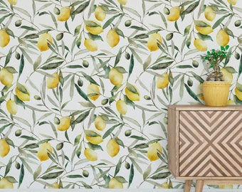 aquarelle citrons et feuilles papier peint Peel and Stick citron olives papier peint amovible temporaire fruits revêtement mural décoration murale