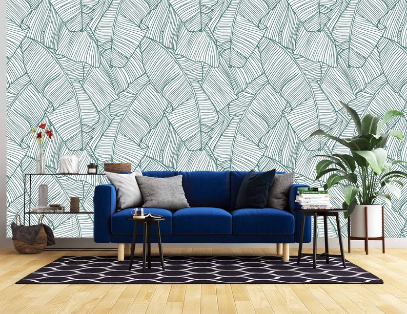 Sketch banana leaves wallpaper peel and stick monochrome tropical leaf nursery decor mural removable custom color dimensions