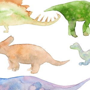 May include: Watercolor silhouettes of five dinosaurs in various poses. The dinosaurs are in shades of green, brown, orange, and blue.