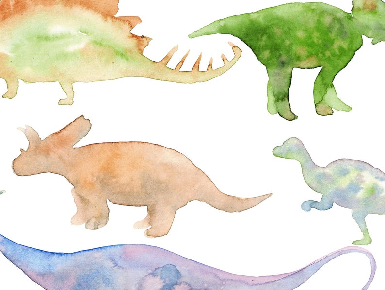 May include: Watercolor silhouettes of five dinosaurs in various poses. The dinosaurs are in shades of green, brown, orange, and blue.