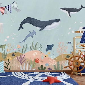 Underwater Nursery Wallpaper Ocean Nursery Wall Decor Mural Self Adhesive Wallpaper kids sea life room backdrop Traditional Available