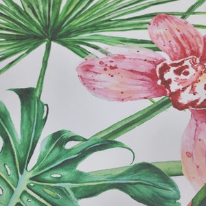 May include: Watercolor painting of tropical leaves and pink flowers. The leaves are green and have a detailed, realistic texture. The flowers are pink with white accents and have a delicate, watercolor look.