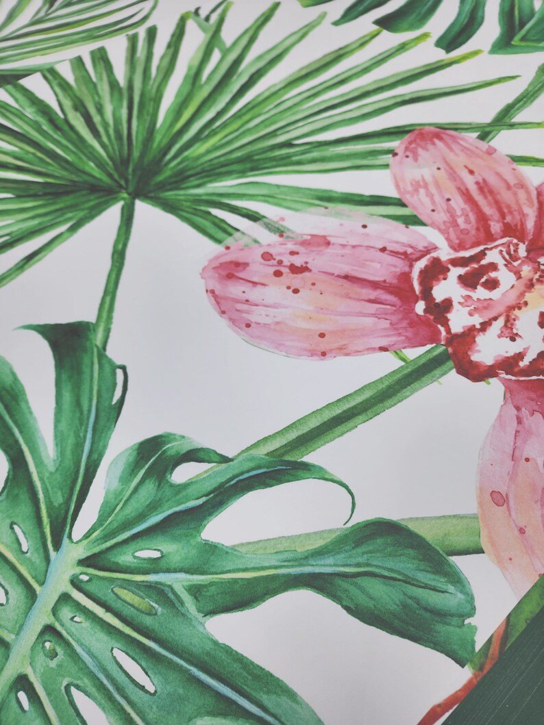 May include: Watercolor painting of tropical leaves and pink flowers. The leaves are green and have a detailed, realistic texture. The flowers are pink with white accents and have a delicate, watercolor look.