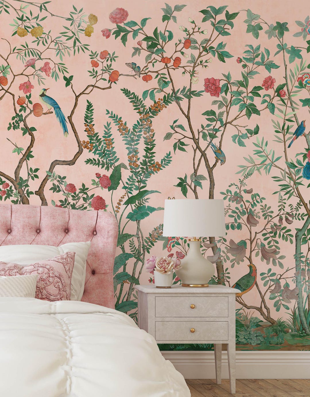 Pink Flowers Branch Birds Wallpaper,chinoiserie Nursery Decor Vintage ...
