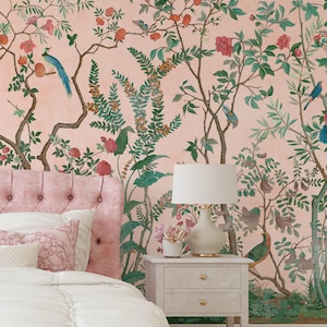 Pink flowers branch birds wallpaper,Chinoiserie nursery wallpaper decor vintage garden botanic mural,blossom flower wall decor,Pink n Blue