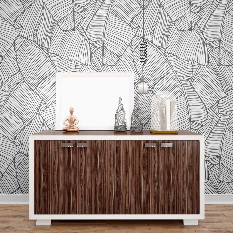 Sketch banana leaves wallpaper peel and stick monochrome tropical leaf nursery decor mural removable custom color dimensions