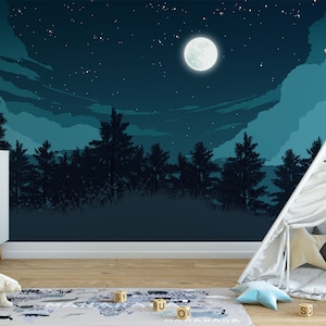 Starry night sky wallpaper removable deep night wallpaper with dark pine forest nursery wall decor Peel and Stick moon in night wall mural