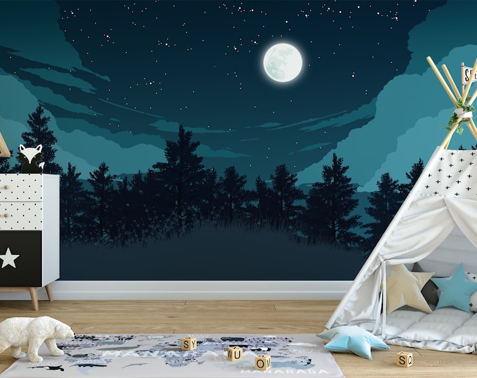 Forest Trees Night Scene Mural Wallpaper, Navy, Extra Large Wall Art ...