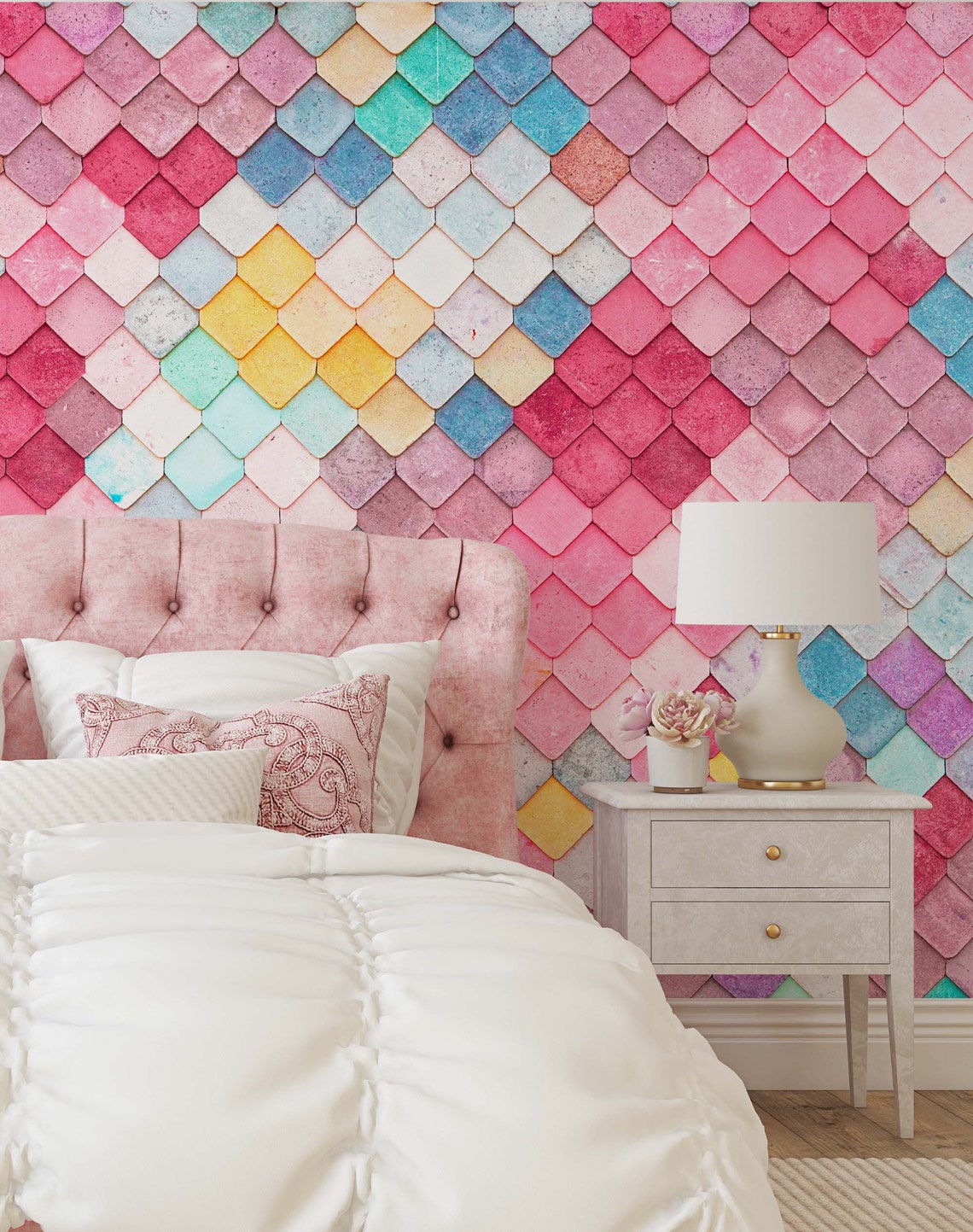 Rainbow geometric wallpaper powder room wall decor Peel n Etsy