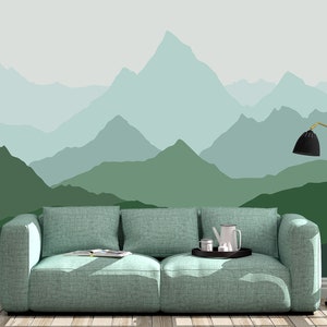 Green Tone Mountains Wallpaper Geometric Mountain With Peak Etsy