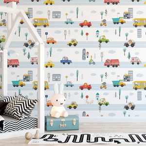 Animals Vehicle Wallpaper,Removable Nursery Wallpaper,Kids Room Wallpaper,Self Adhesive Safari Transport Wallpaper Peel and Stick Wall Mural
