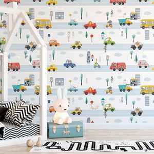 animals vehicle wallpaper Peel and Stick kids wallpaper removable traffic vehicle  nursery wallpaper self adhesive zoo transport wallpaper