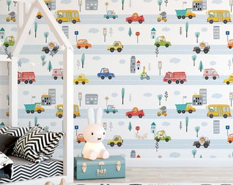 animals vehicle wallpaper Peel and Stick kids wallpaper removable traffic vehicle  nursery wallpaper self adhesive zoo transport wallpaper