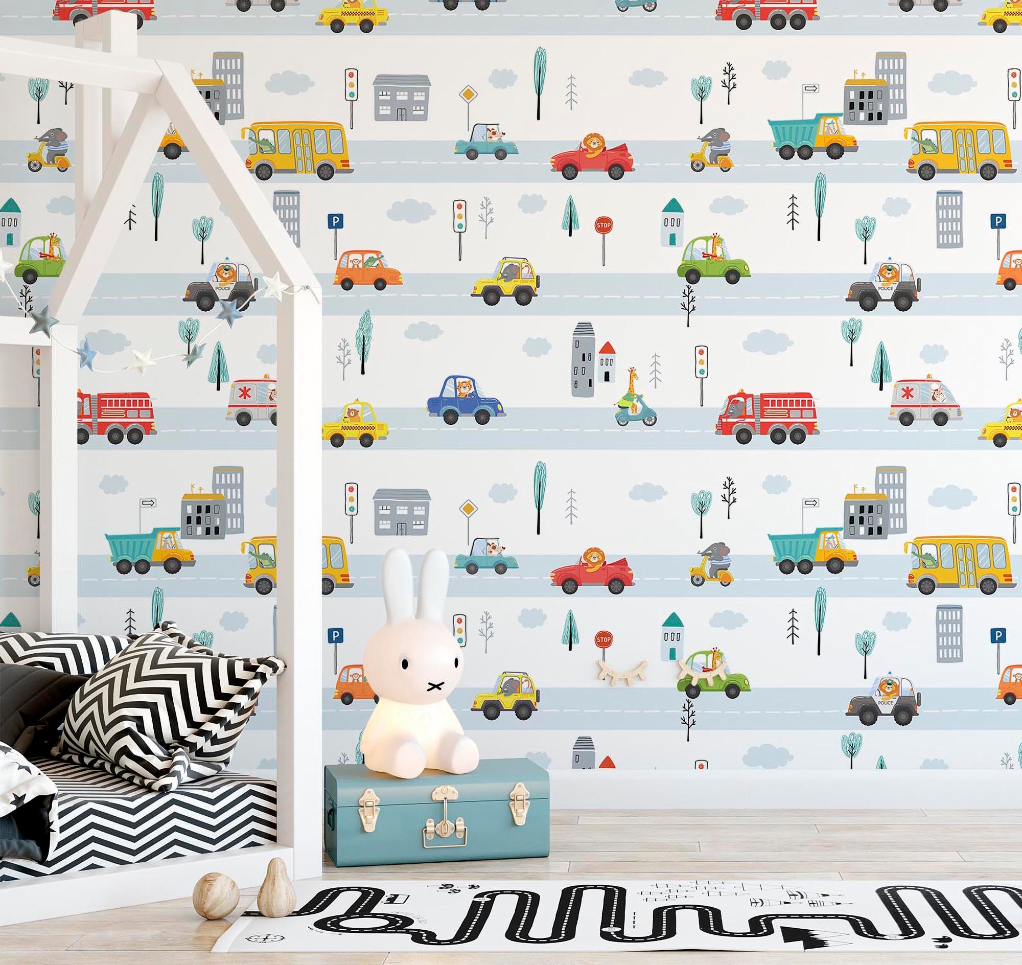 Animals Vehicle Wallpaper,Removable Nursery Wallpaper,Kids Room Wallpaper,Self Adhesive Safari Transport Wallpaper Peel and Stick Wall Mural