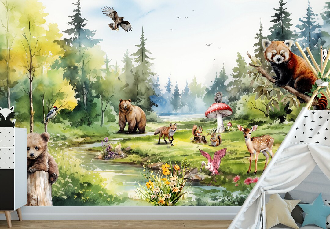 Watercolor Woodland Animals Wall Mural Removable Kids Bedroom Forest ...