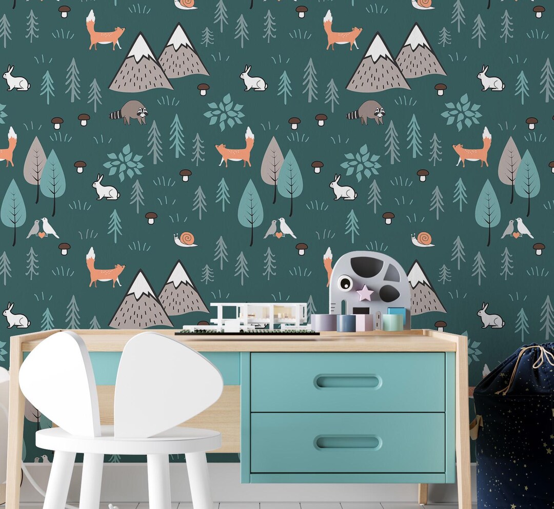 Woodland Nursery Wallpaper,kids Bedroom Forest Animals Wall Decal ...