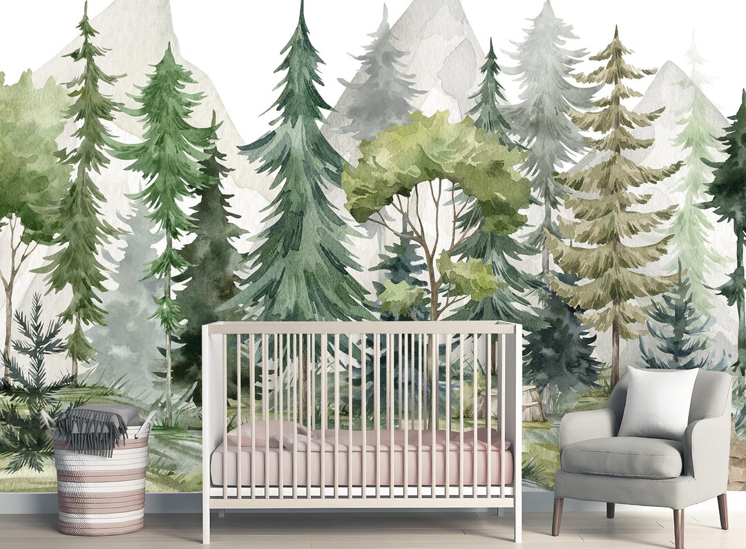 Watercolor Pine Tree Forest Wallpaper, Kids Room Wall Mural, Woodland ...