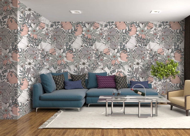 Gray and Pink Floral Wallpaper Garden Flowers Wall Mural Girls Etsy