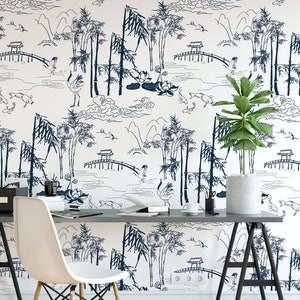 Bamboo forest wallpaper Peel and Stick water ink bamboo carp crane wallpaper removable oriental minimalism decor wall decal self adhesive