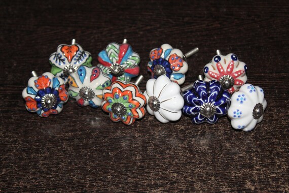 Lot of 23 Knobs Multicolor Rare Hand Painted Ceramic Knobs Cabinet Drawer Pull Indian Mix Knobs
