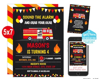 Fire Truck Birthday Invitation, Fire Truck Invitation,  5x7, EDIT NOW, id: 10226_FBI