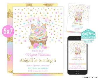 Unicorn Birthday Invitation, Unicorn Invitation, 5x7, EDIT NOW, id: 10244_UBI