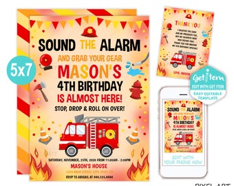 Editable Firetruck Invitation Fire Truck Birthday Firefighter Birthday Invite Fireman 5x7 EDIT NOW, id: 11887