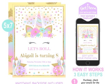 Unicorn Bowling Invitation, Unicorn Invitation, Unicorn Party, 5x7 EDIT NOW, id: 10202_UBI