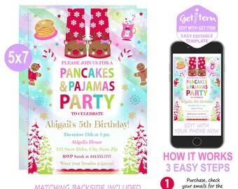 Christmas Pancakes and Pajamas Birthday Invitation, Pancakes and Pajamas Invitation, 5x7, EDIT NOW, id: 10181_PBI