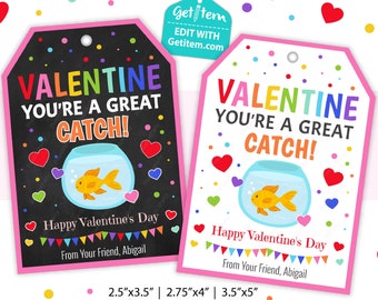 Editable Valentine Goldfish Tag, Valentine's Day Gift Tag, Valentine You're A Great Catch, Goldfish Tag,  EDIT NOW, id: 11984